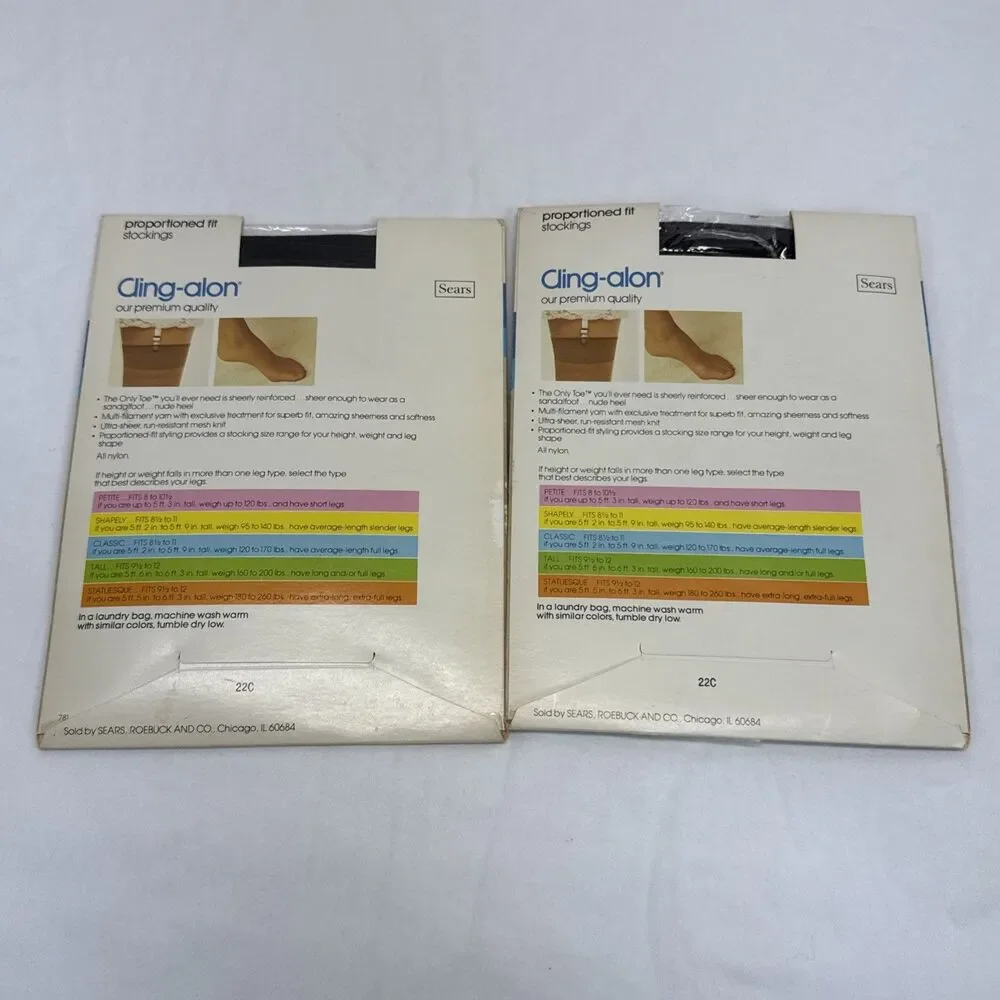 Sears Vintage Thigh High Stockings Tall Cling-alon Off Black 2 Pairs 160-200 Lbs